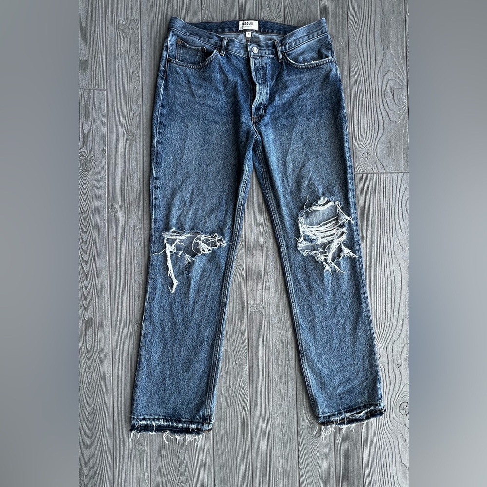 Agolde Lana Straight Jeans 31 High Rise Distressed Raw Hem Button Fly Blue Denim